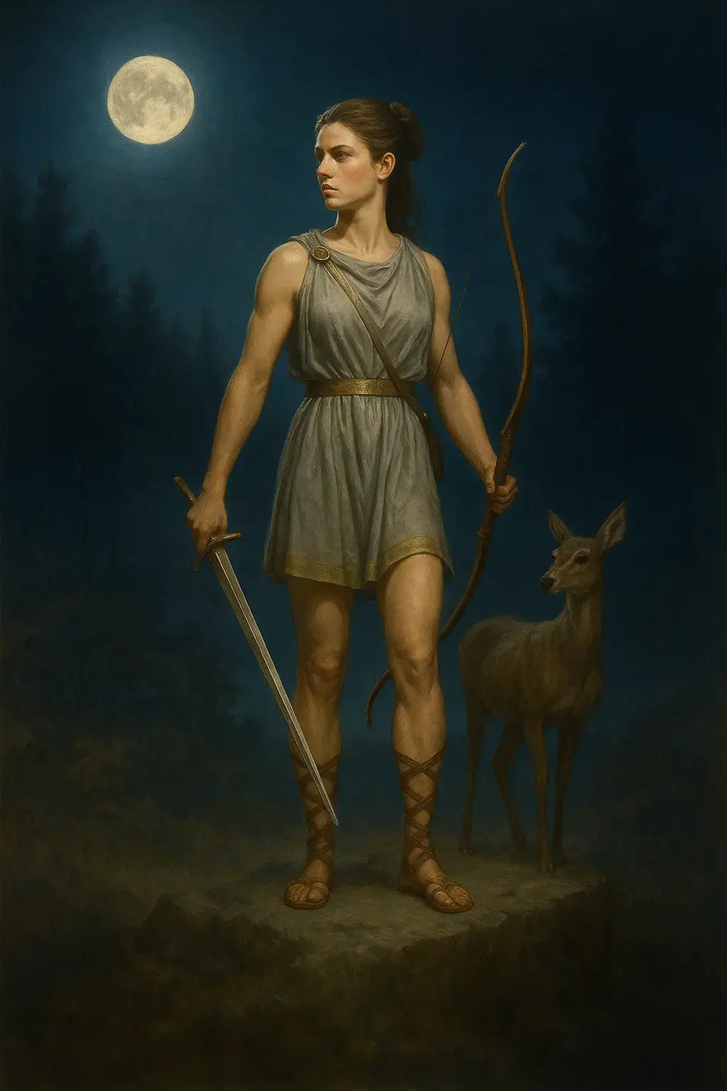 Artemis, Goddess of the Hunt - Fierce deity with silver bow and moon crown