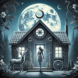 Artemis Cabin 8 at Camp Half-Blood - Silver-themed structure with hunting motifs and moon elements